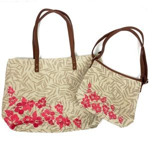 Embroidered Flowered Tan & Pink Jute Tote & Purse NWOT